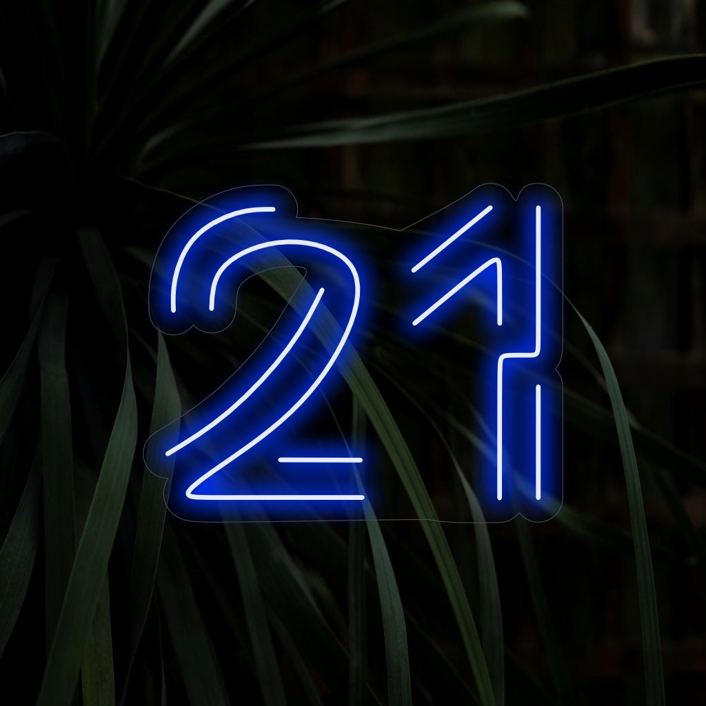 „21 Twenty One Neon Sign“ ist ein stilvolles und festliches Design, das die Zahl 21 zeigt. Perfekt, um einer runden Geburtstagsfeier einen Hauch von Spannung zu verleihen.