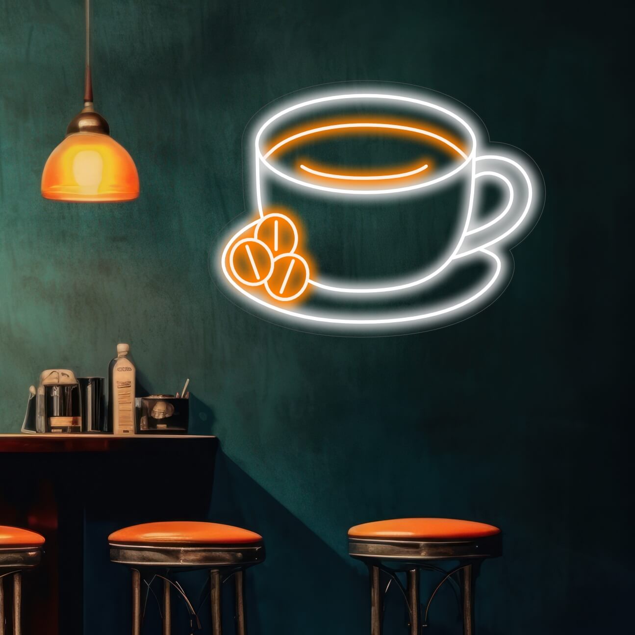 Tasse auf einem Teller mit Kaffee-Leuchtreklame - The Art Neon