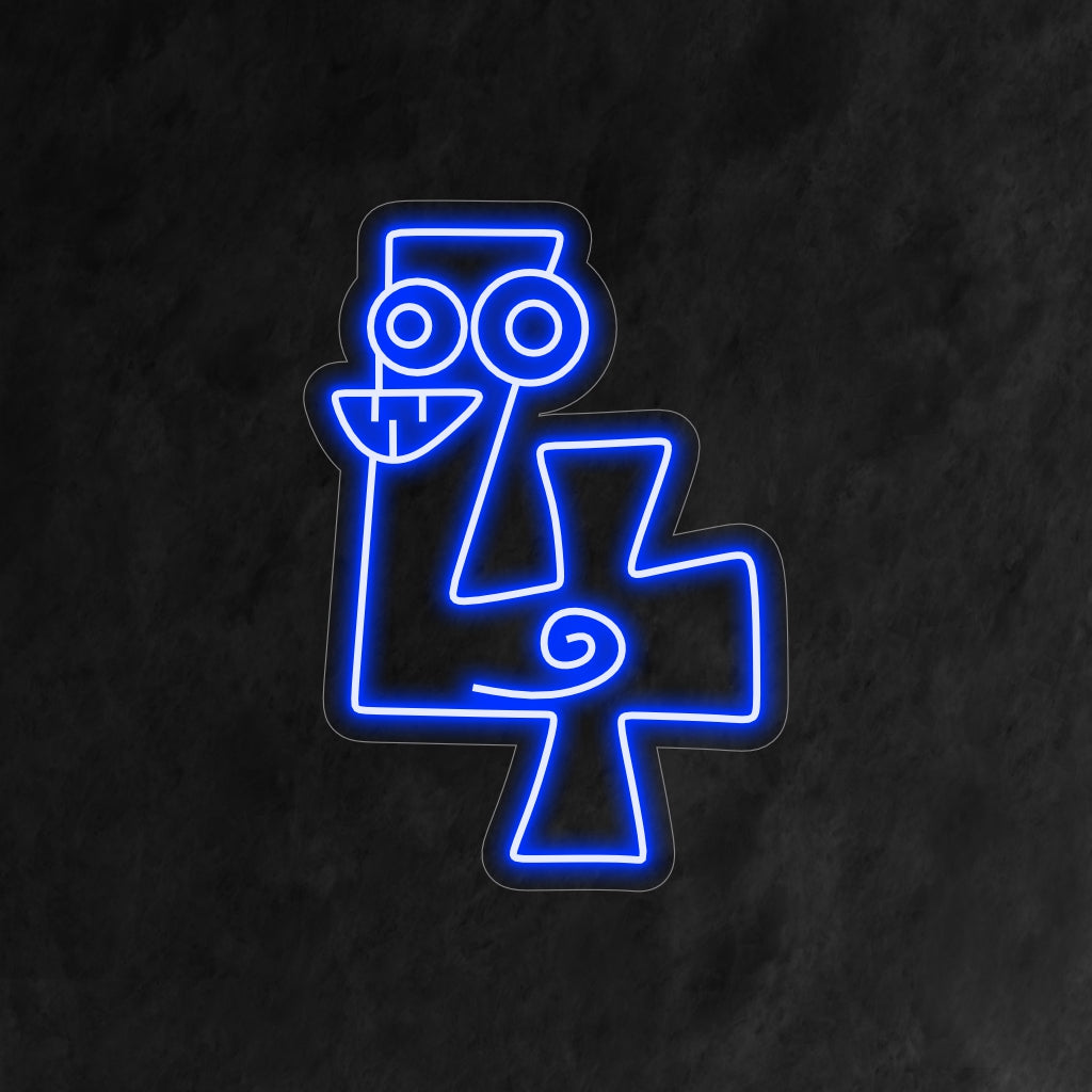 „4th Birthday Neon Sign“ zeigt eine komische und cartoonhafte Zahl 4 mit lustigen Augen und Zähnen, die der Feier des vierten Geburtstags eines Kindes ein lustiges Element verleiht.