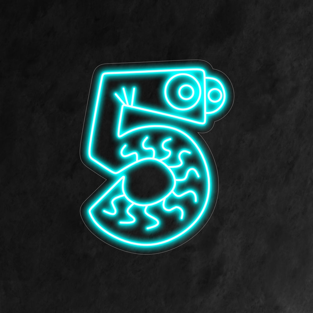 „5th Birthday Neon Sign“ zeigt eine Comic-Zahl 5 mit bezaubernden Augen und verleiht der Feier zum fünften Geburtstag eines Kindes eine spielerische Note.