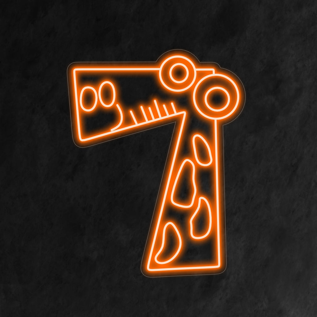 „7th Birthday Neon Sign“ zeigt eine süße und lächelnde Cartoon-Zahl 7, inspiriert von einer Giraffe, und verleiht der Feier zum siebten Geburtstag eines Kindes Charme.