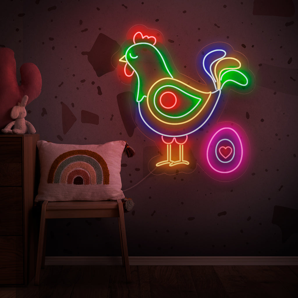 „Abstraktes Huhn- und Ei-Neonschild“ – Ein verspieltes Neonlicht mit einer abstrakten Darstellung eines Huhns und eines Eis, das Ihrem Wohnraum Humor und modernen Charme verleiht.