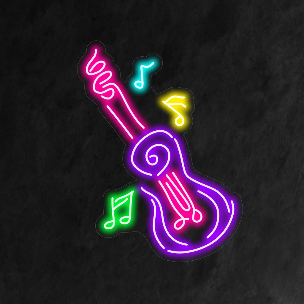 Ein beleuchtetes Neonschild mit einer abstrakten Darstellung einer Gitarre, perfekt für Musikliebhaber und verleiht jedem Raum einen Hauch von künstlerischem Flair
