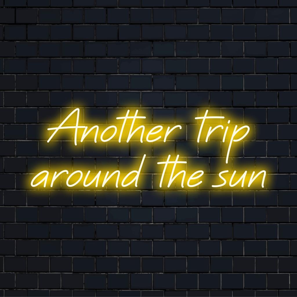 Leuchtendes LED-Neonschild mit dem Spruch „Another Trip Around The Sun“. Perfekte Neonlichtdekoration für Geburtstage und Feiern.
