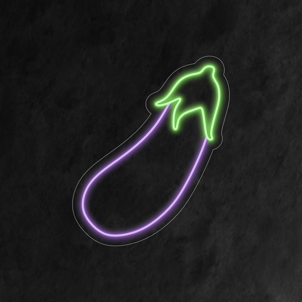 „Aubergine-Neonschild“ – Ein entzückendes Neonlicht mit der Darstellung einer Aubergine, das Ihrem Wohnraum kulinarischen Charme und eine skurrile Note verleiht.