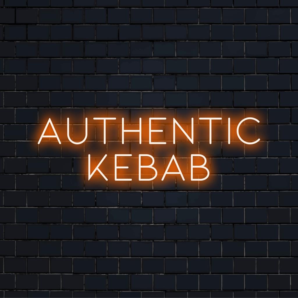 Handgefertigtes LED-Neonschild mit der Aufschrift „Authentic Kebab“ in leuchtenden Farben, perfekt für eine auffällige Neonlichtdekoration.