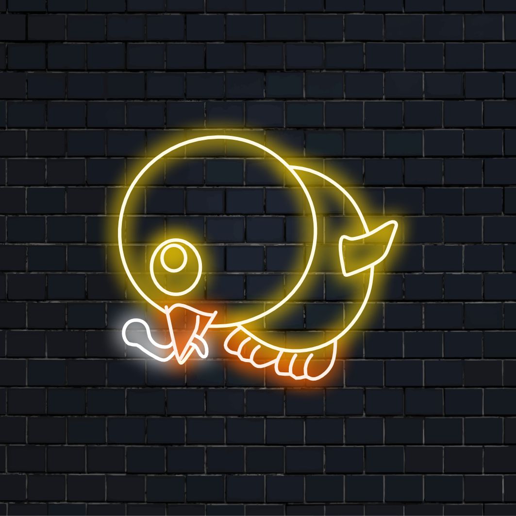 „Baby Chicken Eat Worm Neon Sign“ – Ein süßes Neonlicht mit einem Küken, das sich an einem Wurm gütlich tut und Ihrem Wohnraum bezaubernden Charme und Verspieltheit verleiht.