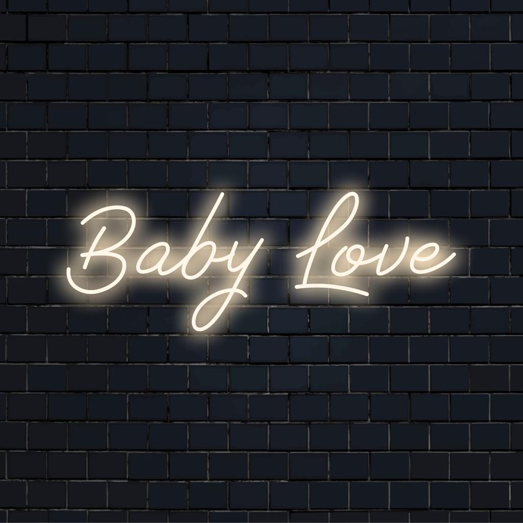Helles LED-Neonschild mit verspieltem „Baby Love“-Text, perfekt für ein Kinderzimmer oder Spielzimmer, das mit seinem sanften Leuchten Wärme und Liebe verbreitet.