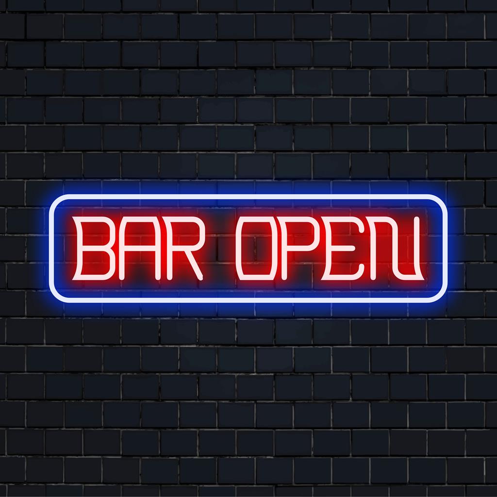 Individuelles LED-Neonschild mit der Aufschrift „Bar Open“ in leuchtenden, leuchtenden Buchstaben, perfekt für die Bardekoration und personalisiertes Neonlicht.