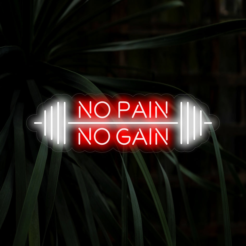 „Langhantel und Neonschild „No Pain – No Gain““ – Ein motivierendes Neonlicht mit einer Langhantel und dem ermutigenden Spruch „No Pain – No Gain“, das Ihrem Trainingsraum oder Fitnessstudio Motivation und Entschlossenheit verleiht.