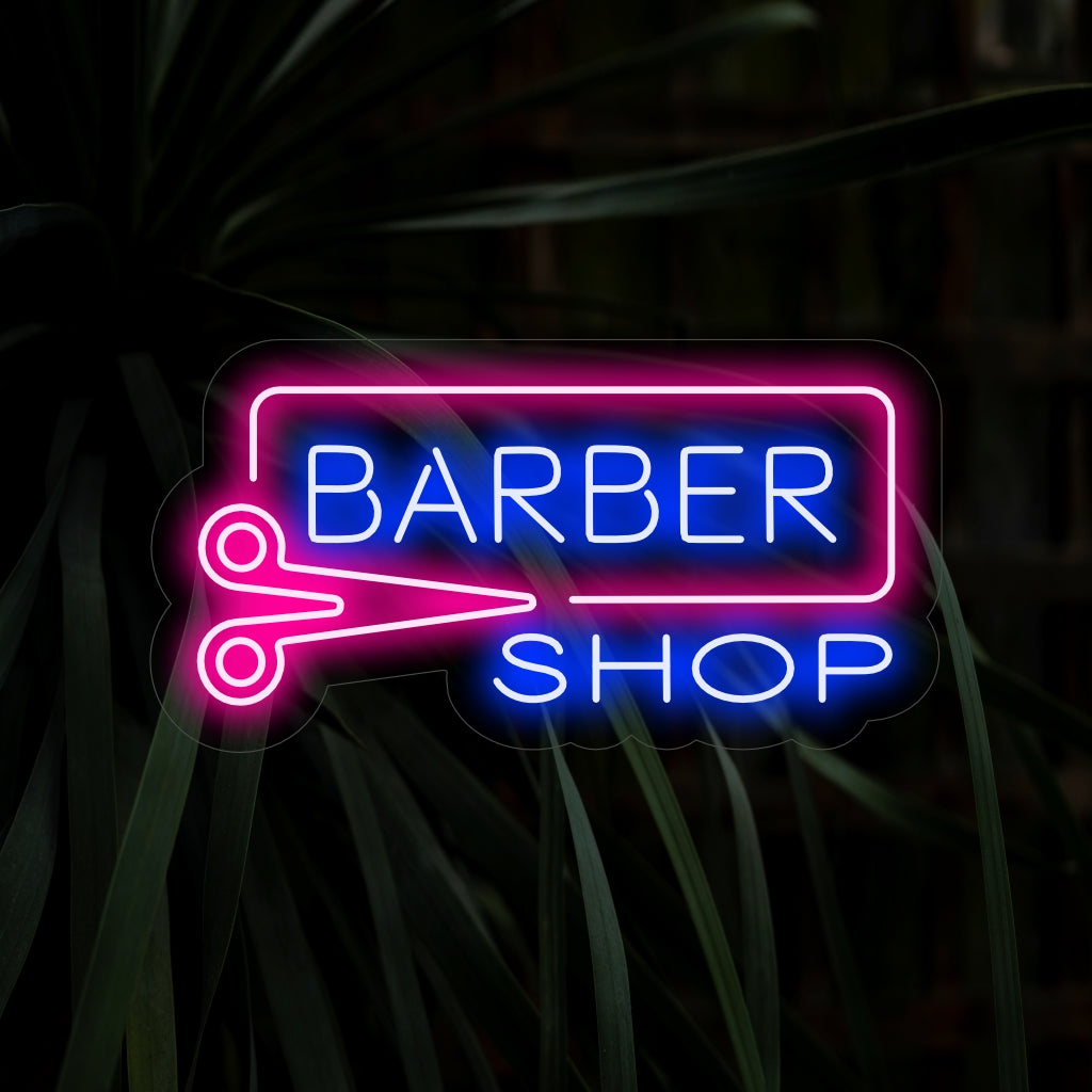 „Barber Shop Neon Sign“ – Ein klassisches Neonlicht mit der Aufschrift „Barber Shop“, das in Ihrem Friseursalon eine zeitlose und stilvolle Atmosphäre schafft.