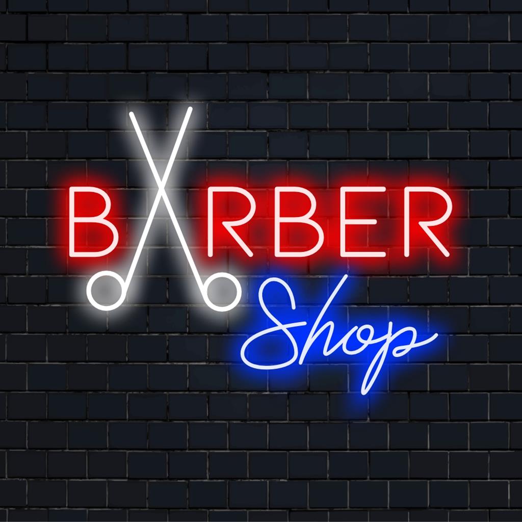 Individuelles LED-Neonschild für einen Friseursalon, das Text und Grafiken für einzigartige Lichtkunst und personalisiertes Dekor kombiniert.
