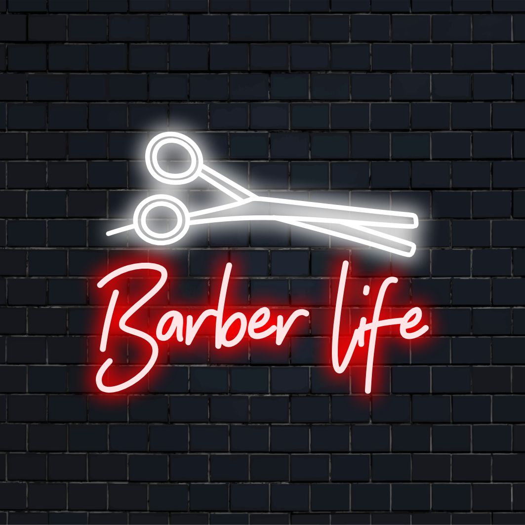 Individuelles LED-Neonschild „Barber Life“ mit scharfen Linien und klassischem Design, perfekte Neonlichtdekoration für Friseursalons.