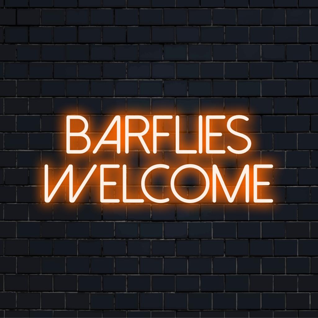 Individuelles LED-Neonschild mit der Aufschrift „Barflies Welcome“; perfekte Neon-Wandkunst für eine lebendige Bar-Dekoration. Personalisiertes Neon-Zitat.
