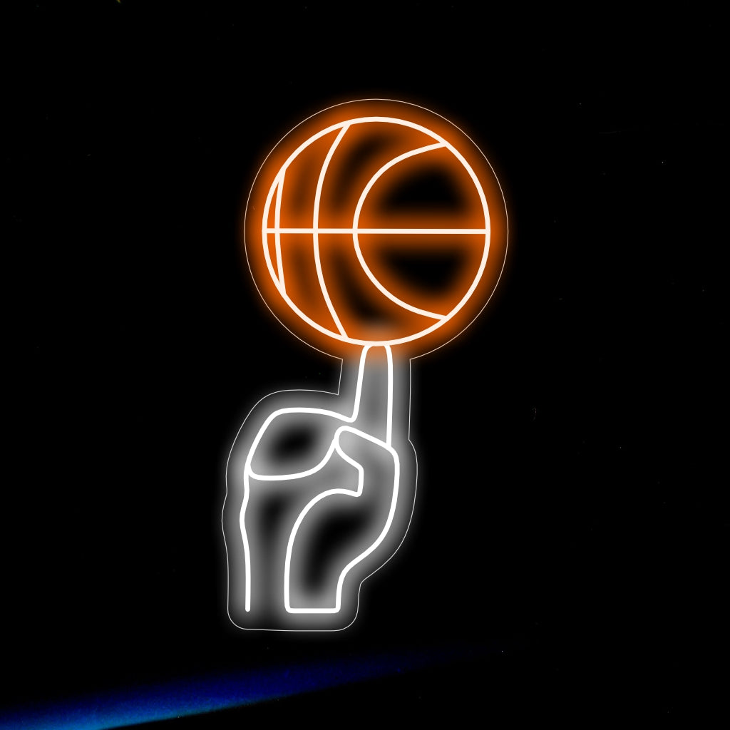 „Basketball dreht sich auf dem Finger, Neonschild“ – Ein dynamisches Neonlicht mit der eindrucksvollen Szene eines Basketballs, der sich auf einem Finger dreht, und das Ihrer Basketball-Dekoration Spannung und Sportsgeist verleiht.