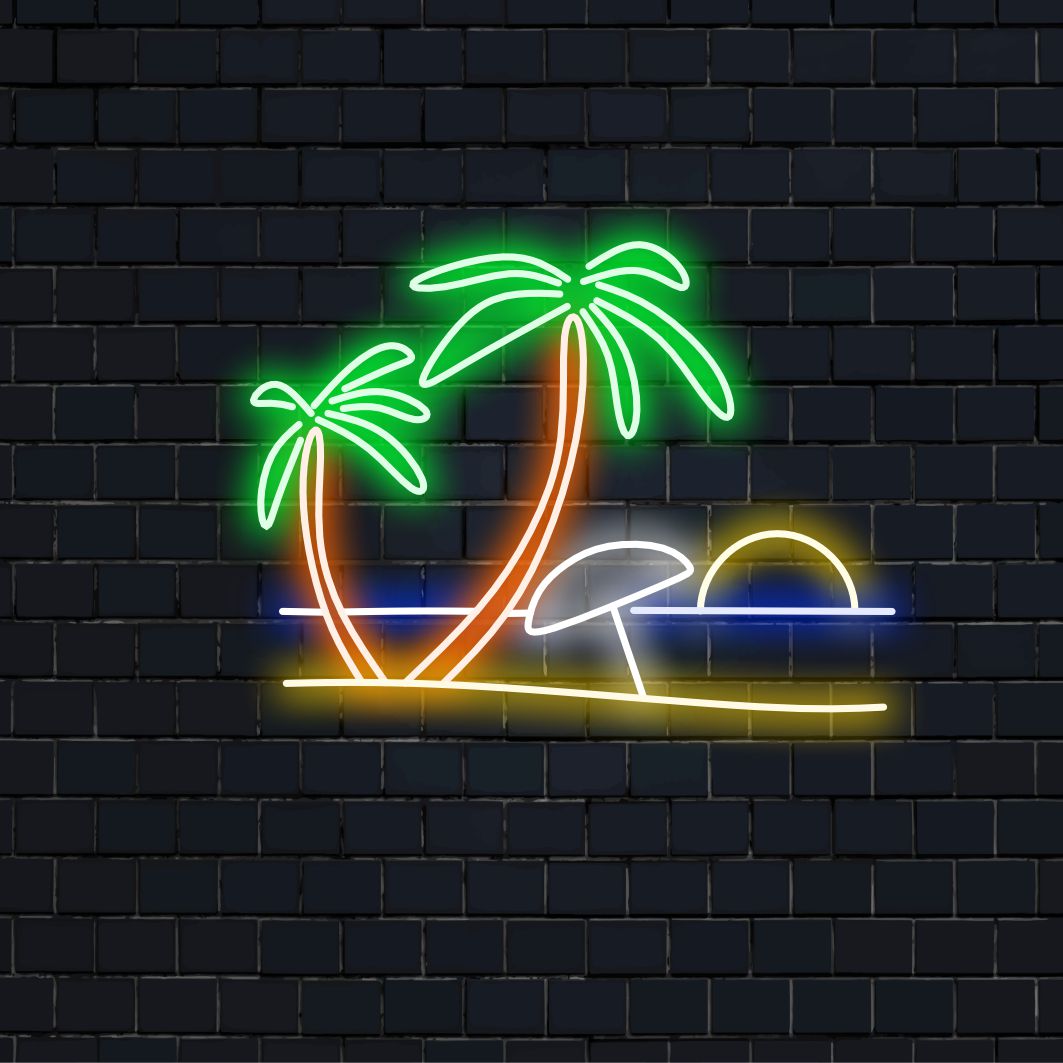 „Strand- und Palmen-Neonschild“ – Ein tropisches Neonlicht mit den Symbolen eines Strandes und von Palmen, das Ihrem Wohnraum Küstencharme und Entspannung verleiht.