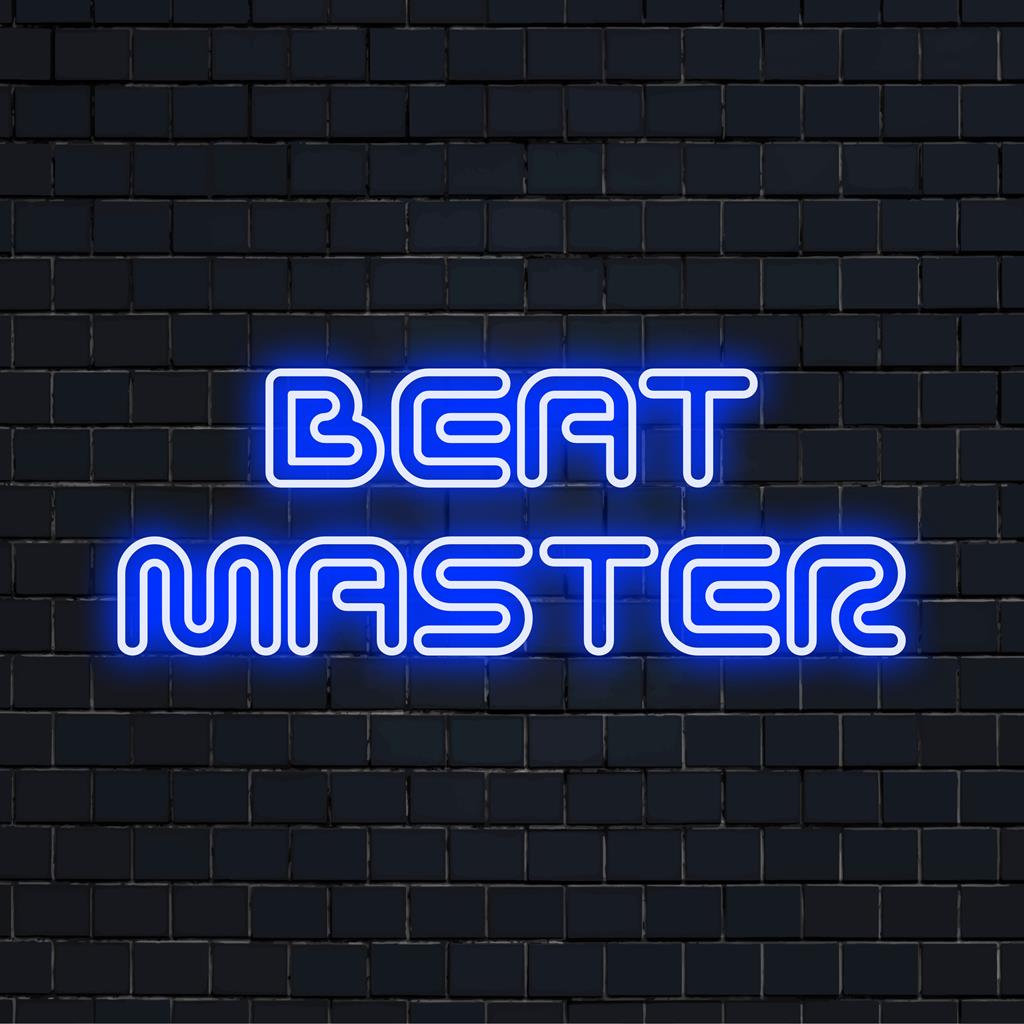 Lebendiges LED-Neonschild mit der Aufschrift „Beat Master“, perfekt als einzigartiges Neondekor, verbindet Kunst und Flair nahtlos.