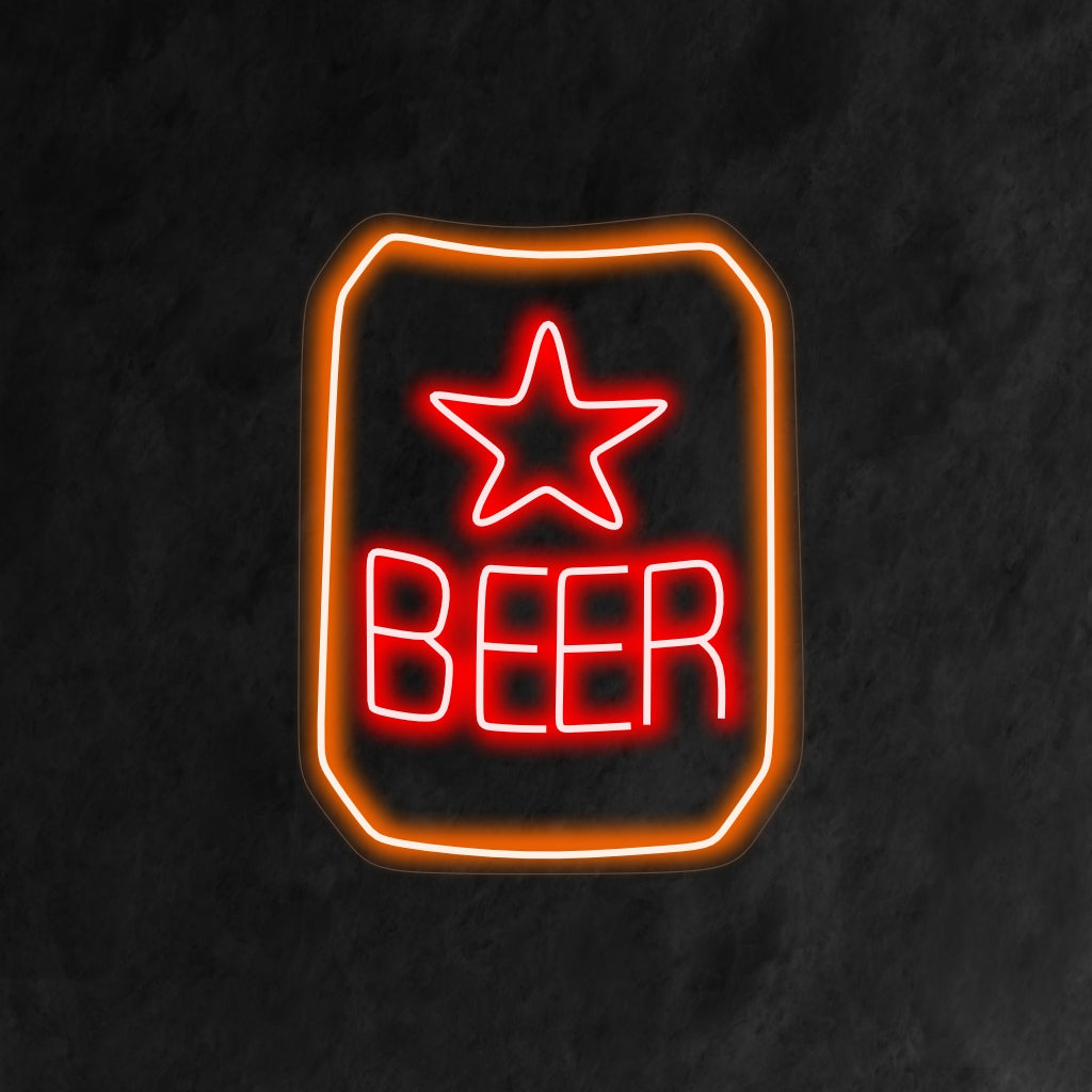 „Beer Brand With Star Neon Sign“ ist eine markenbezogene und stilvolle Ergänzung für Ihr Bar-Interieur. Ein Neonlicht, das eine beliebte Biermarke mit einem Stern präsentiert.