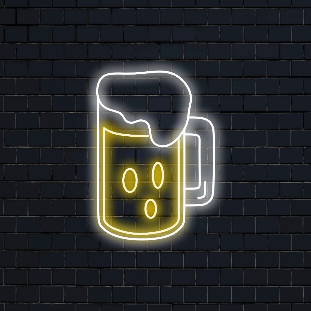 „Bier im Glaskrug mit Schaum-Neonschild“ ist eine klassische und einladende Ergänzung für Ihr Bar-Interieur. Ein Neonlicht, das die Freude am Bier feiert.