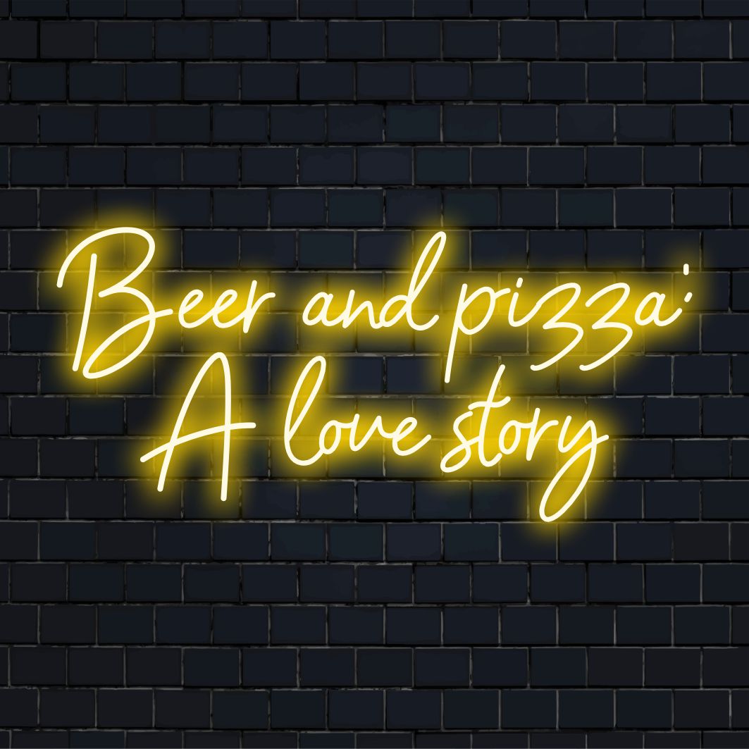 Individuelles LED-Neonschild mit leuchtendem Design „Beer And Pizza A Love Story“ für personalisierte Neon-Wandkunstdekoration.
