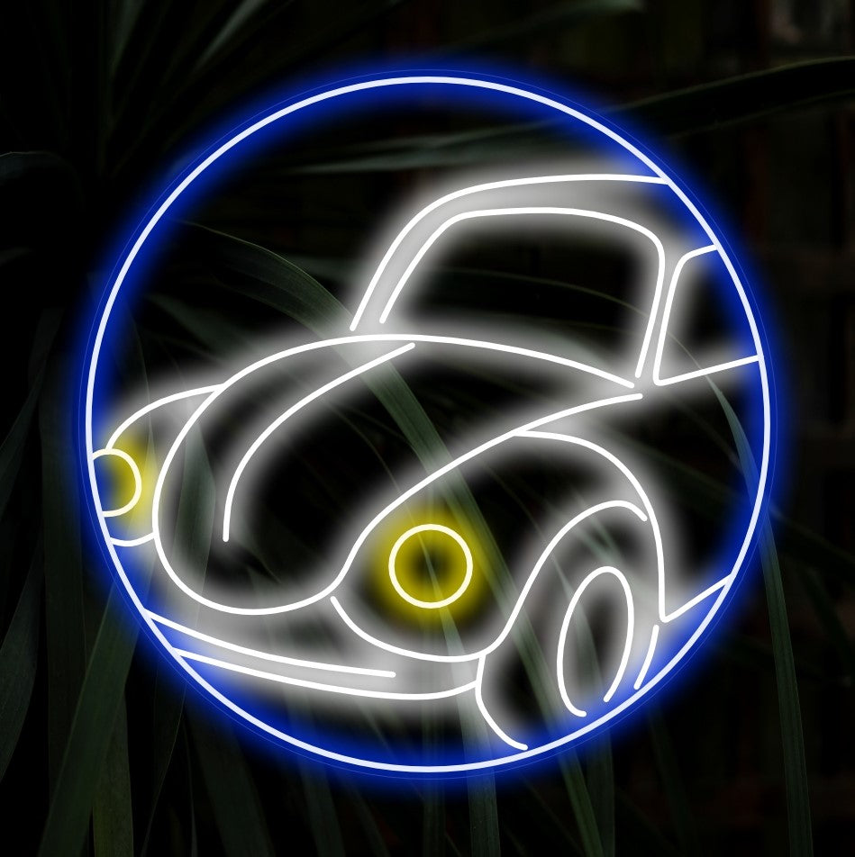 „Beetle Car Neon Sign“ fängt die Essenz der Vintage-Autodekoration mit der charmanten Darstellung eines Käfers in einem runden Rahmen ein. Verleihen Sie Ihrem Raum mit diesem einzigartigen Neonlicht Retro-Vibes.