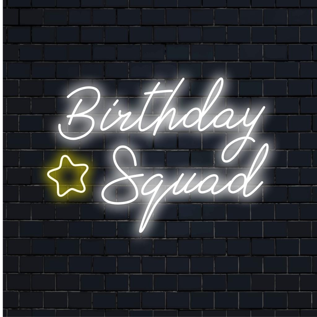 Neonschild „Birthday Squad“: Maßgeschneidertes LED-Design mit lebendiger Textkunst, perfekt für Neonlichtdekor und Feiern.