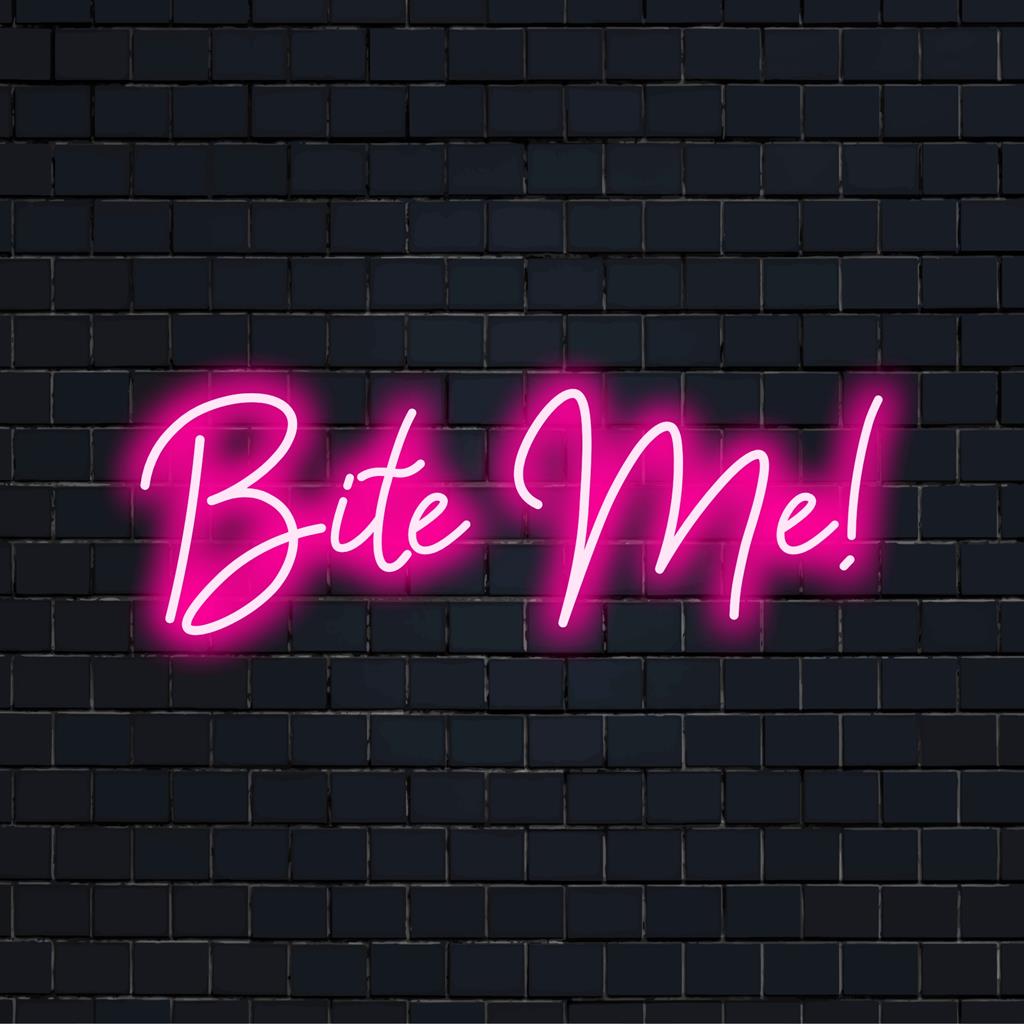 Bite Me! individuelles LED-Neonschild mit kräftigen rosa Buchstaben; ein verspieltes Neonschild, perfekt für eine einzigartige Raumdekoration.