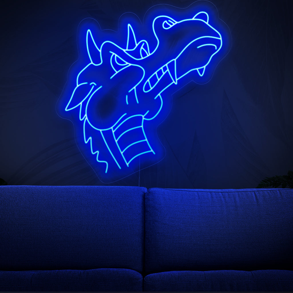 „Blue Dragon Neon Sign“ – Ein mystisches Neonlicht mit der Silhouette eines majestätischen blauen Drachen, das Ihrem Wohnraum Zauber und Fantasie verleiht.