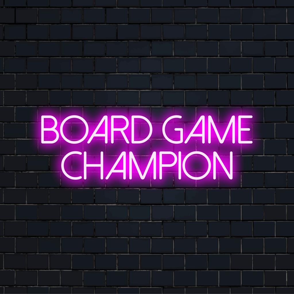 LED-Neonschild mit „Board Game Champion“ in leuchtenden Farben; perfekte individuelle Dekoration für Spiele-Enthusiasten.