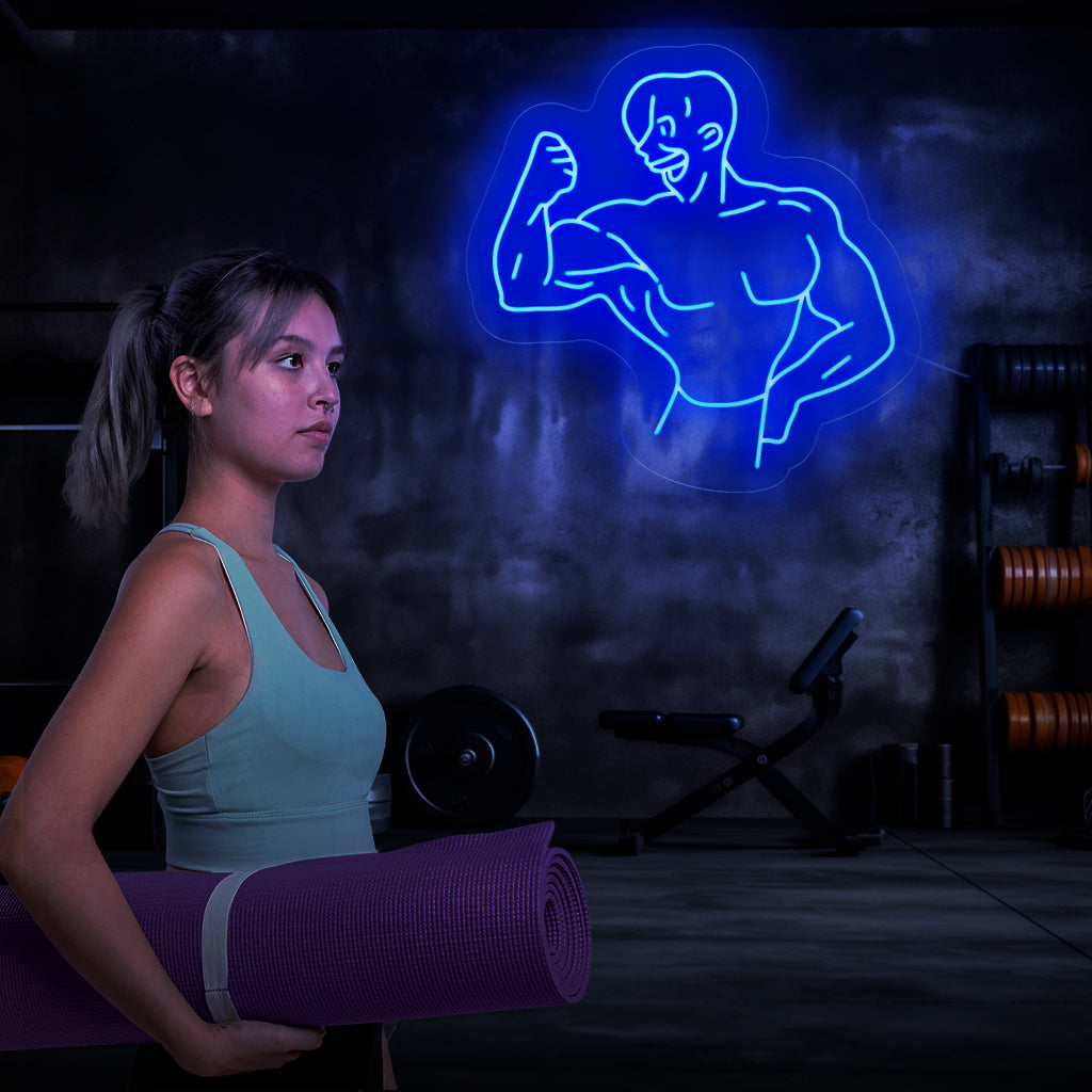 „Bodybuilder-Neonschild“ – Ein kraftvolles Neonlicht mit der Silhouette eines muskulösen Bodybuilders, das Ihrem Fitnessstudio oder Fitnessbereich Kraft und Entschlossenheit verleiht.