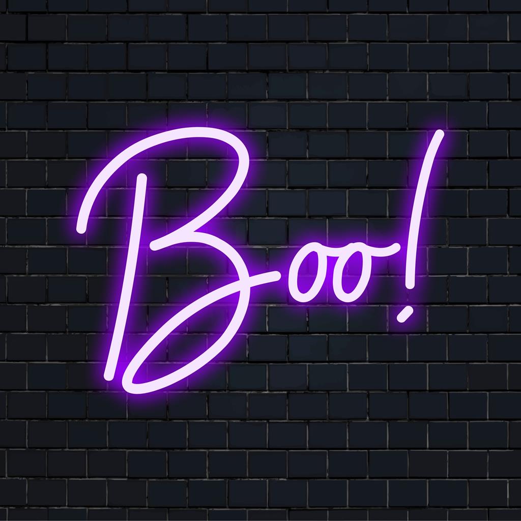 LED-Neonschild mit dem Text „Boo!“ in hellen Farbtönen, perfekt, um jedem Raum eine verspielte und gruselige Note zu verleihen.
