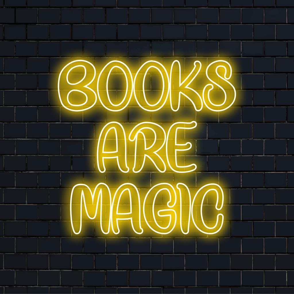Individuelles LED-Neonschild „Books Are Magic“; lebendige Neontextkunst mit leuchtendem Buchthema, perfekt für eine personalisierte Neonlichtdekoration.