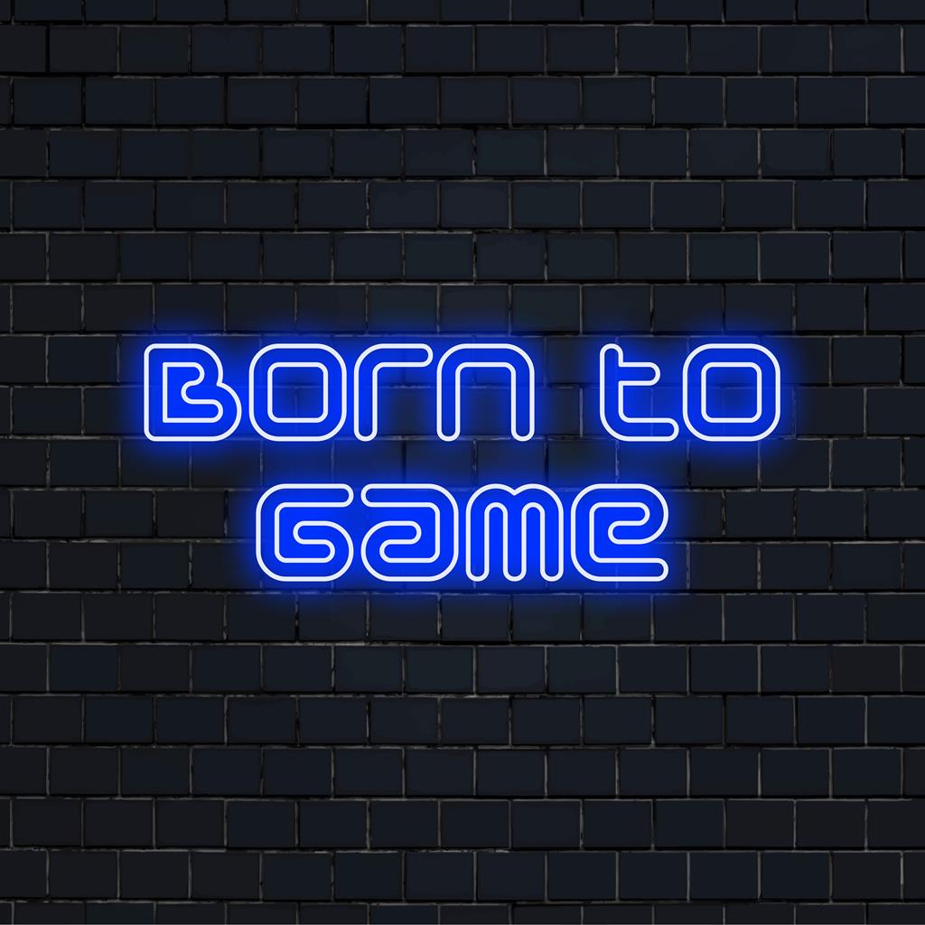Individuelles LED-Neonschild mit dem Text „Born To Game“, perfekt für ein Spielzimmer oder einen Unterhaltungsbereich. Neon-Zitat-Kunstdekor.