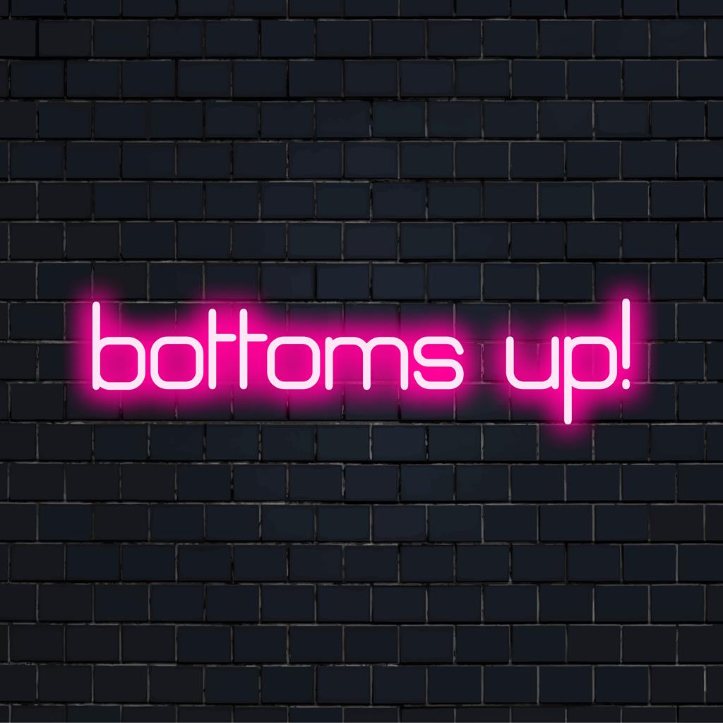 Leuchtendes „Bottoms Up!“-Neonschild; perfekt, um der Bar-Dekoration eine lebendige Note zu verleihen. Personalisiertes LED-Neon für festliche Stimmung.