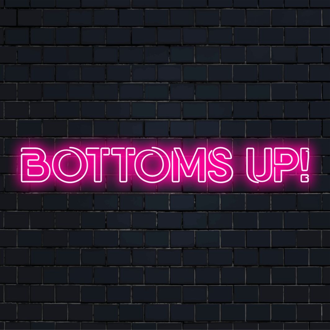 Lebendiges „Bottoms Up!“-Neonschild, ein verspieltes und energiegeladenes LED-Element, perfekt für Bars oder Partyräume. Individuelles Neonlicht-Dekor.