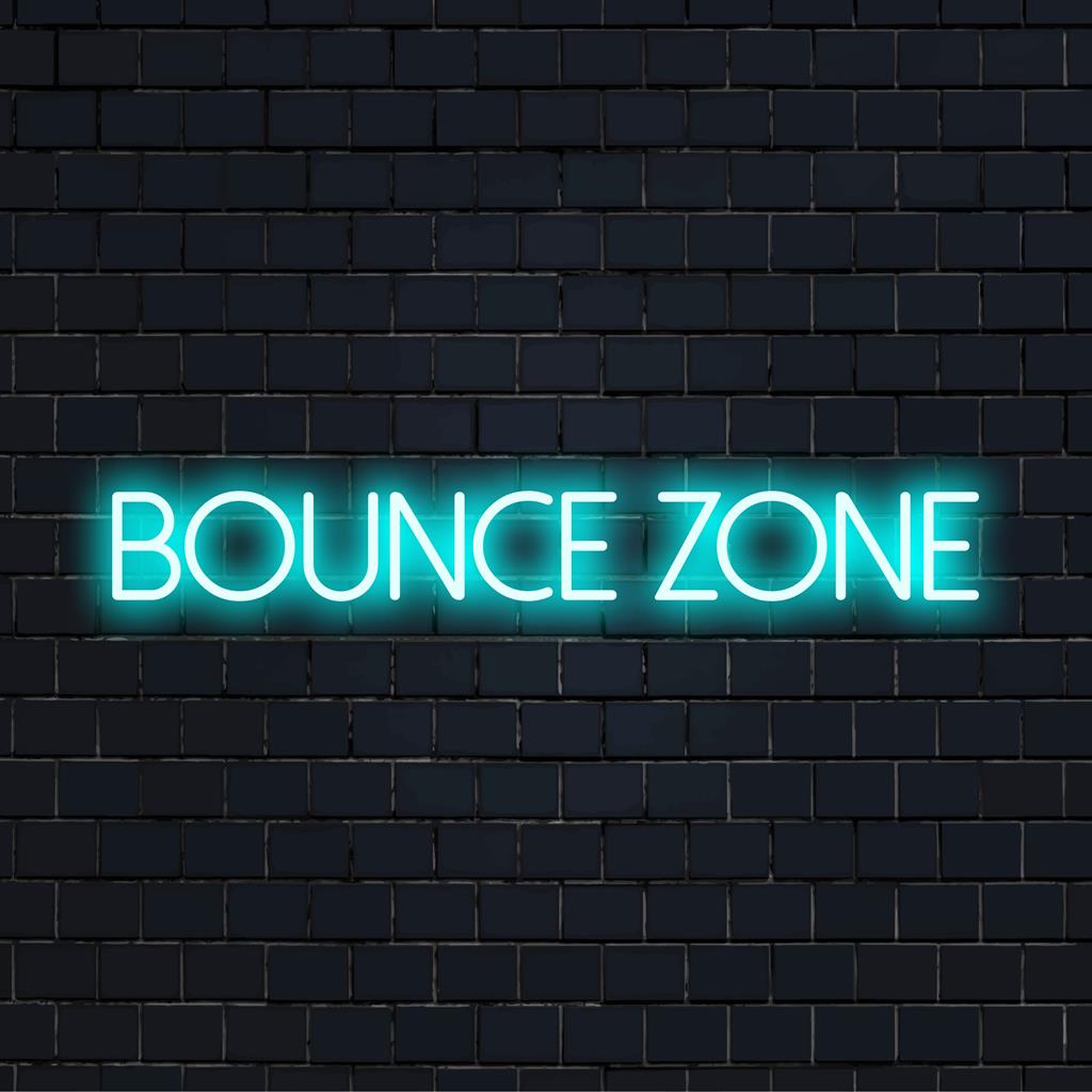 Bounce Zone LED-Neonschild leuchtet in leuchtenden Farben, perfekte maßgeschneiderte Lichtdekoration für verspielte und lebendige Räume.
