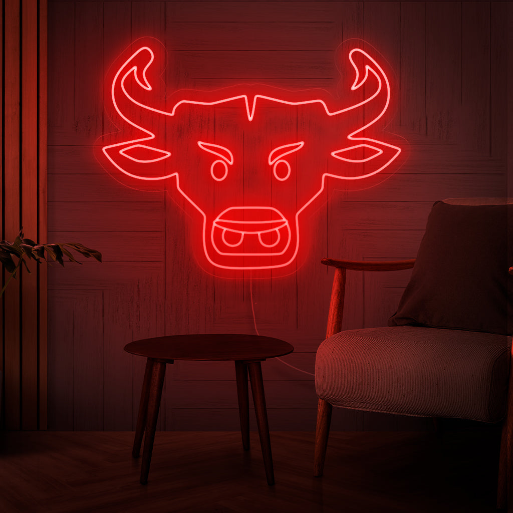 „Bull Head Neon Sign“ – Ein kräftiges Neonlicht mit dem ikonischen Bild eines Stierkopfes, das Ihrem Wohnraum Stärke, Entschlossenheit und südwestlichen Charme verleiht.