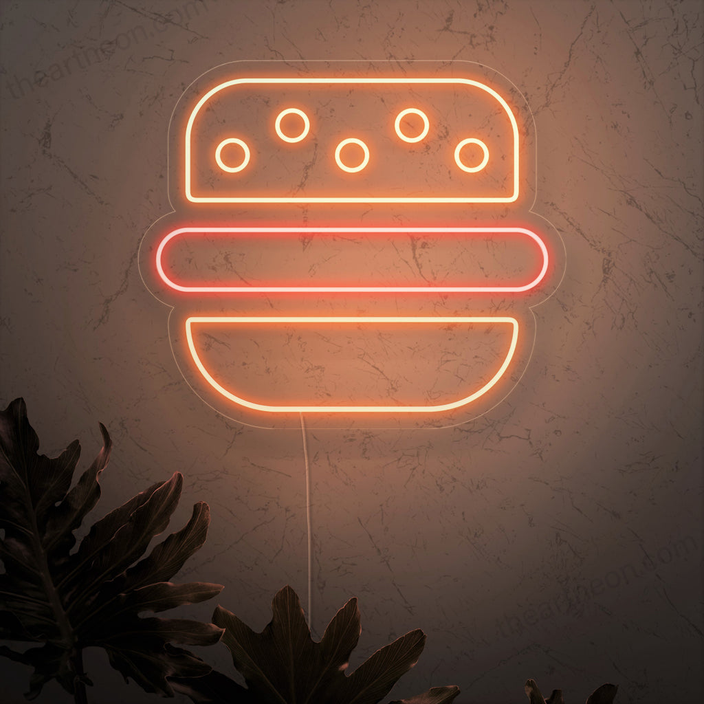 „Burger Neon Sign“ ist eine klassische und appetitliche Ergänzung für Ihr Restaurant-Interieur. Ein Neonlicht, das das ikonische Symbol eines köstlichen Burgers präsentiert.