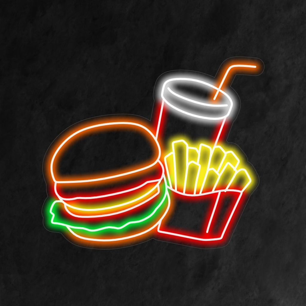 „Burger French Fries and Coke Neon Sign“ ist eine köstliche Ergänzung für Ihr Restaurant-Interieur. Ein Neonlicht, das die klassische Kombination aus Burger, Pommes und Cola präsentiert.