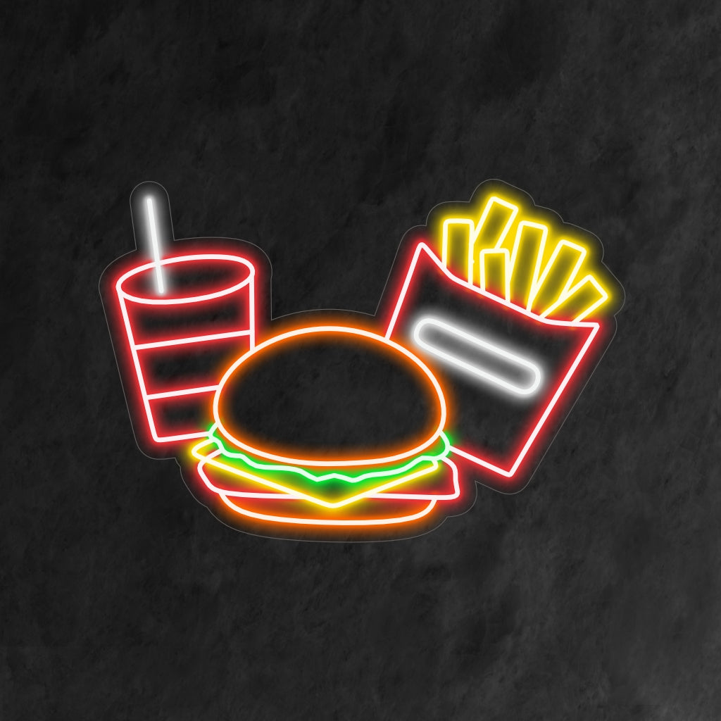 „Burger, Pommes und Getränk-Neonschild“ – Ein köstliches Neonlicht mit den ikonischen Symbolen eines Burgers, Pommes und eines Getränks, das Ihrem Restaurant oder Fast-Food-Bereich eine Atmosphäre der Köstlichkeit und der Liebe zu klassischen Fast-Food-Favoriten verleiht.