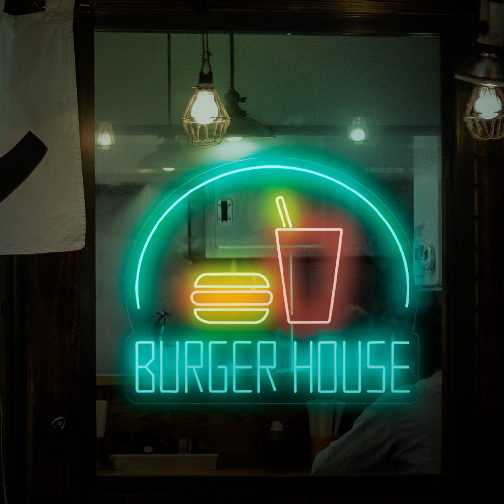 „Burger House Neon Sign“ – Ein lebendiges Neonlicht mit den Worten „Burger House“, das Ihrem Burgerladen oder Restaurant Energie und Liebe zu leckeren Burgern verleiht.