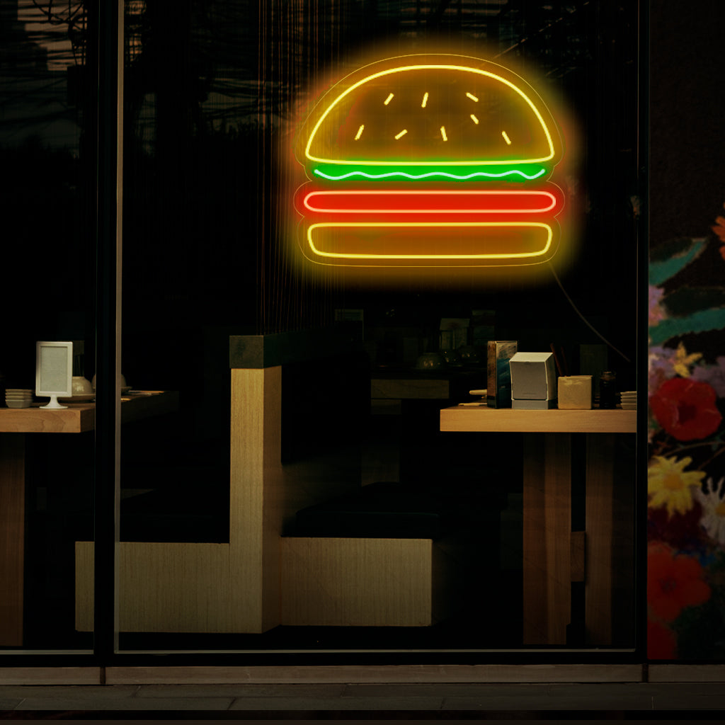 „Burger-Neonschild“ – Ein köstliches Neonlicht mit dem ikonischen Symbol eines Burgers, das Ihrem Burger-Laden oder Restaurant eine Atmosphäre der Köstlichkeit und der Liebe zu klassischen Fast-Food-Favoriten verleiht.