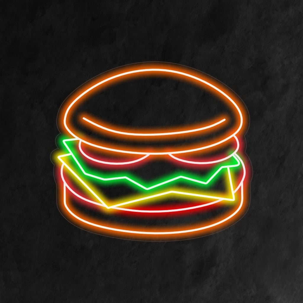 „Burger Neon Sign“ erhellt Ihren Raum mit einer köstlichen Neondarstellung eines klassischen Burgers. Perfekt, um Ihrer Küche oder Ihrem Restaurant einen Hauch von Retro-Diner-Charme zu verleihen.