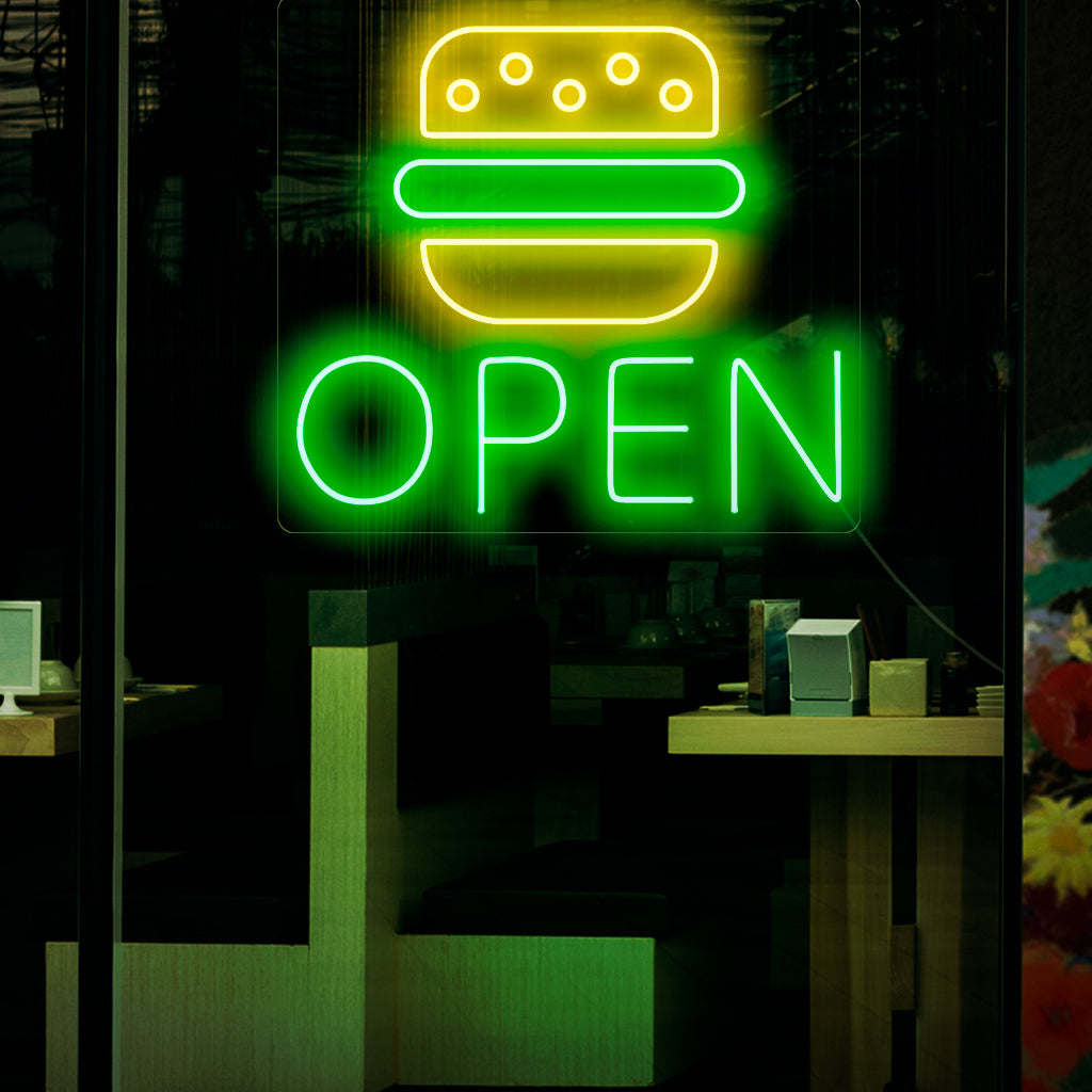 „Burger Open Neon Sign“ – Ein einladendes Neonlicht mit den Worten „Burger Open“, das Energie ausstrahlt und signalisiert, dass Ihr Lokal bereit ist, köstliche Burger zu servieren.