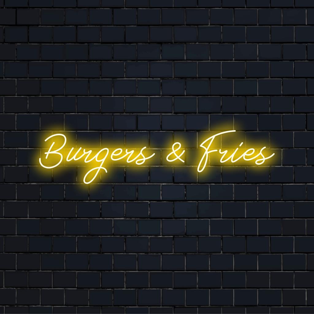 Maßgefertigtes LED-Neonschild mit dem Text „Burgers And Fries“ in verspielter Schriftart, ideal als Restaurantdekor oder als Beleuchtung für Spielzimmer.