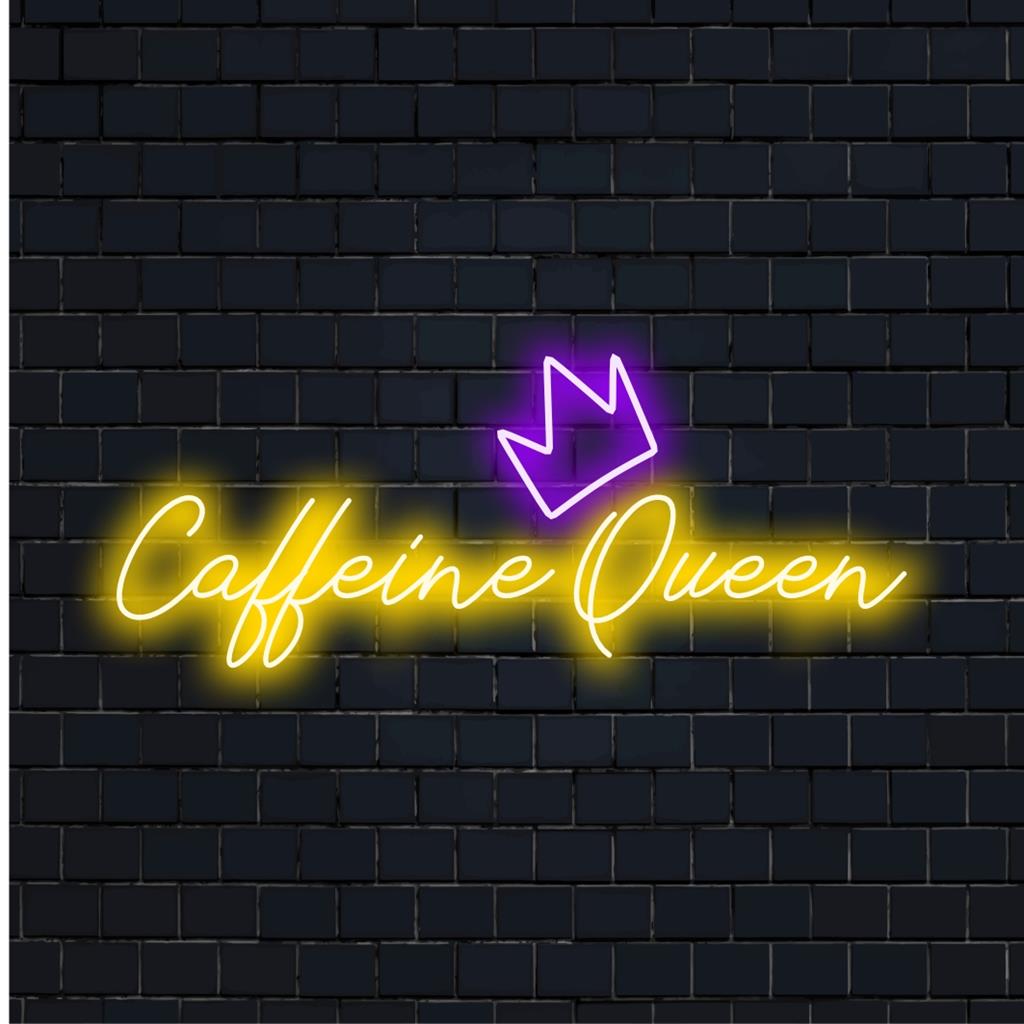 LED-Neonschild mit der lebhaften Aufschrift „Caffeine Queen“; eine perfekte Mischung aus schickem Dekor und personalisierter Neonlichtkunst.