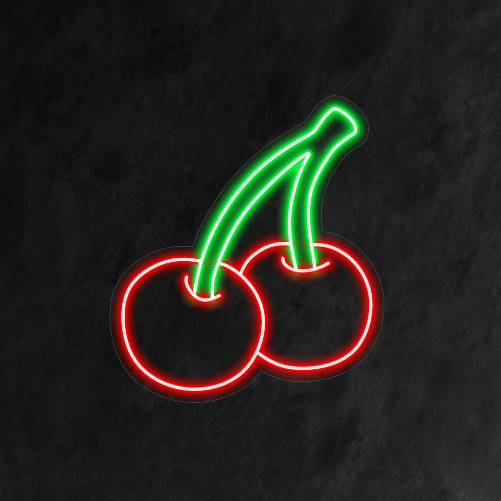 „Cherry Neon Sign“ – Ein entzückendes und lebendiges Neonlicht, das ikonische Kirschen zur Schau stellt und Ihrem Raum Süße und verspielten Charme verleiht.