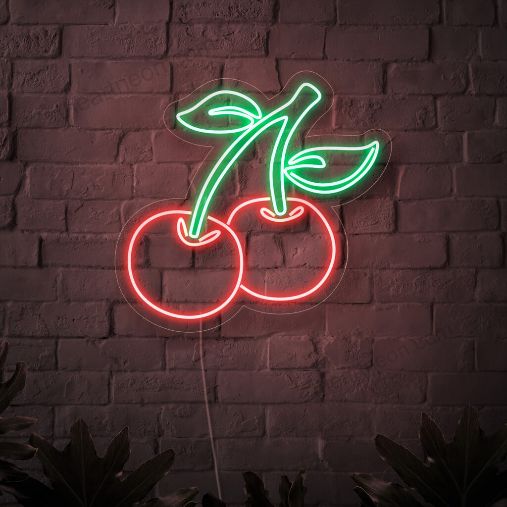 „Cherry Neon Sign“ – Ein süßes und lebendiges Neonlicht, das köstliche Kirschen zur Schau stellt und Ihrem Raum fruchtigen Charme und Wärme verleiht.