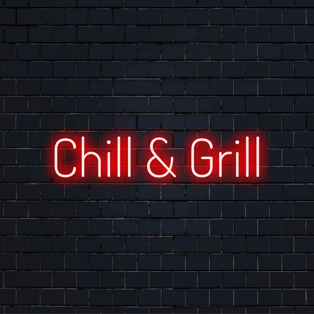 Lebendiges LED-Neonschild „Chill And Grill“, perfekt, um jedem Raum eine personalisierte Neonlichtdekoration hinzuzufügen.