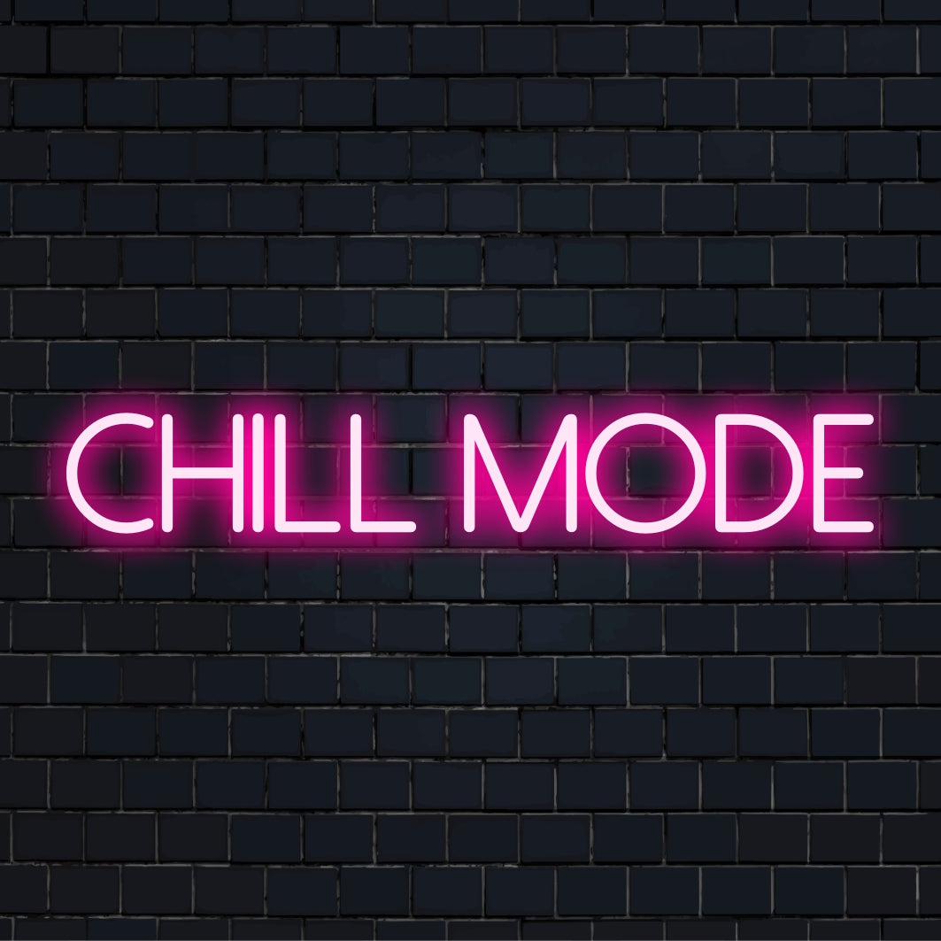 LED-Neonschild „Chill Mode“ mit kursiven rosa Buchstaben, ideale Neon-Wandkunst oder personalisierte Lichtdekoration für Entspannungsräume.